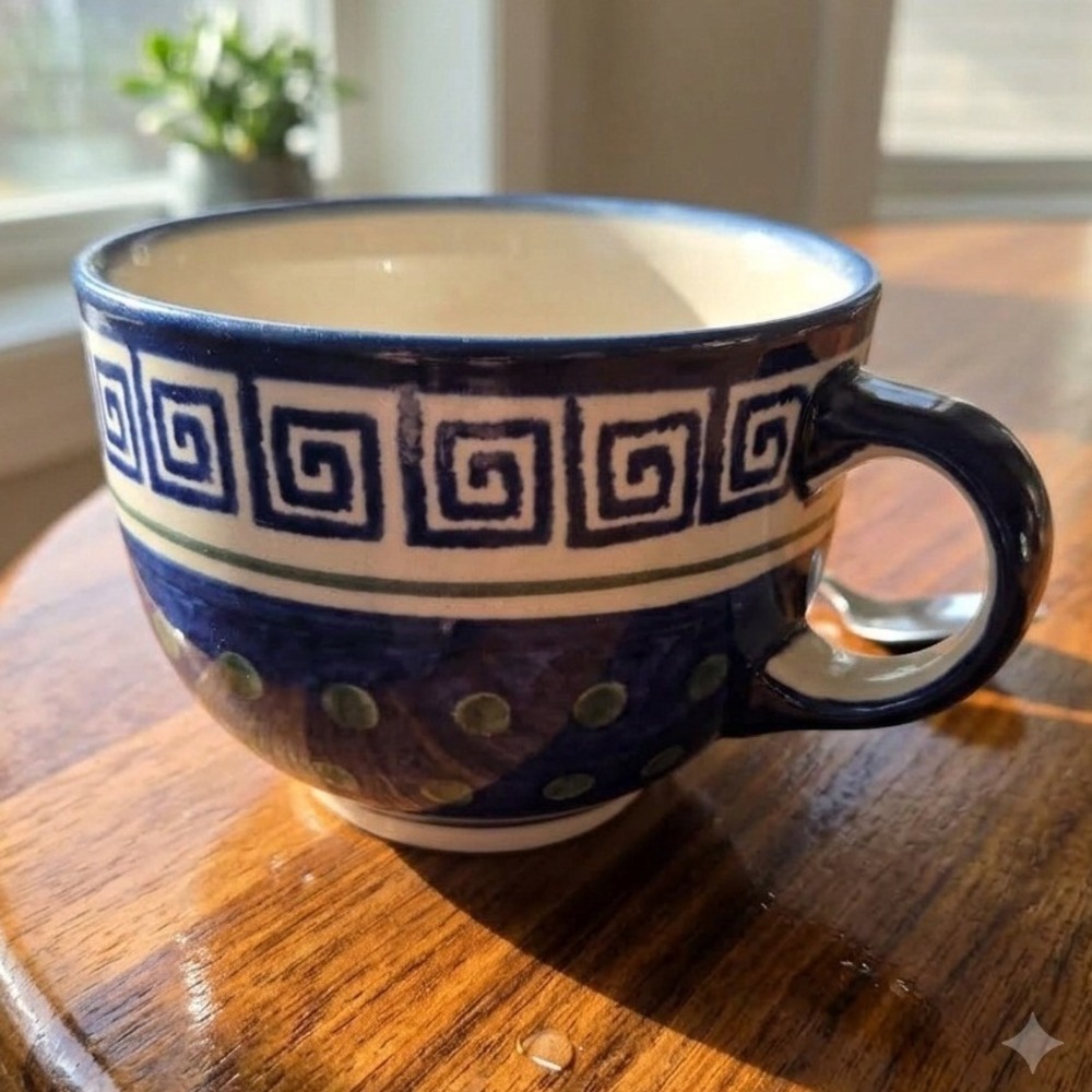 Boleslawiec Polish Pottery Mug Greek Key Polka Dot Blue Hand Made Poland 8C